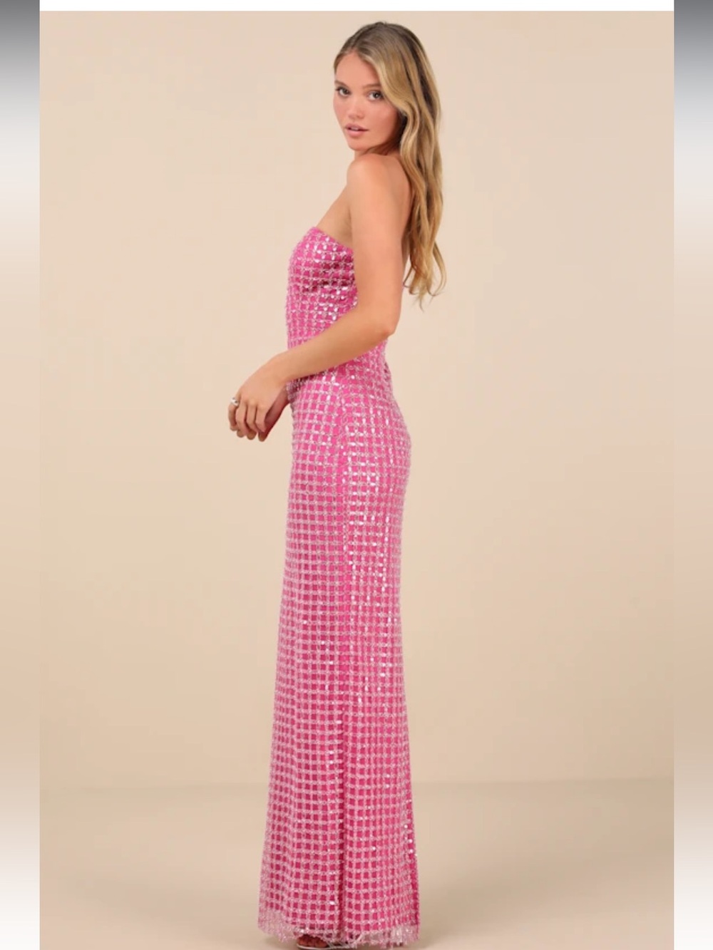 Perfectly Pink Luxurious Mesh Pearl Sequin Strapless Column Maxi Dress NWT Sz S - Picture 2 of 16